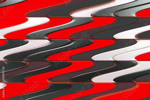Pattern of black, white and red twisted extruded shapes