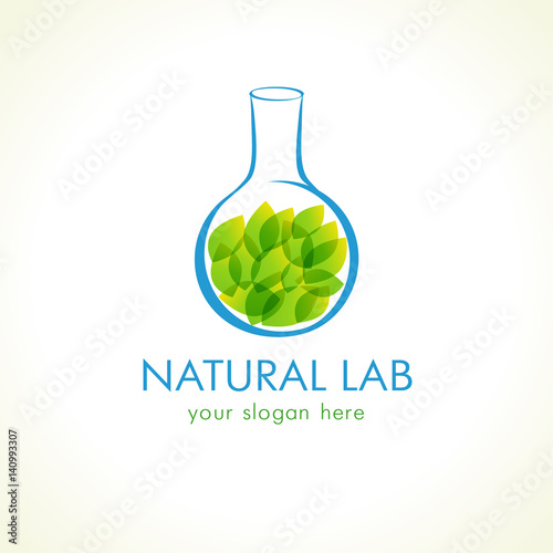 Natural lab logo. Green leaves in testing flask. Vector branding sign of tests, cosmetics, chemist's. Scientific environmental researches. Healthy life and products symbol. Pharmaceutical companies.