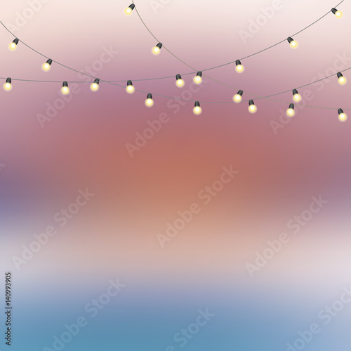 Blurred background with bokeh effect and garland with lamps. Cool template for design, presentations and other documents