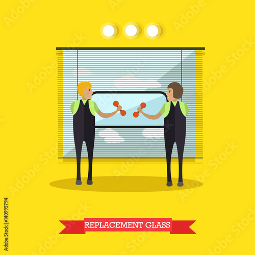 Replacement of glass, car service vector illustration in flat style