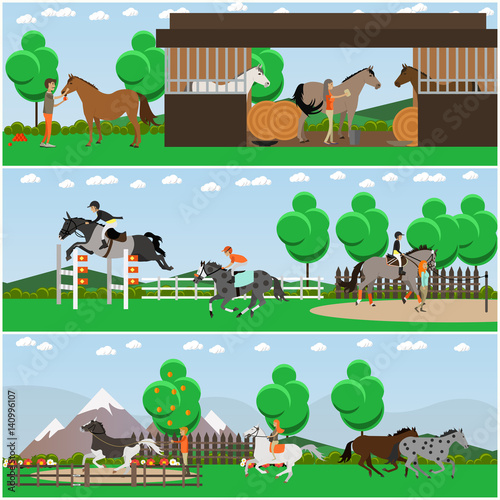 Vector set of horse riding posters  banners in flat style