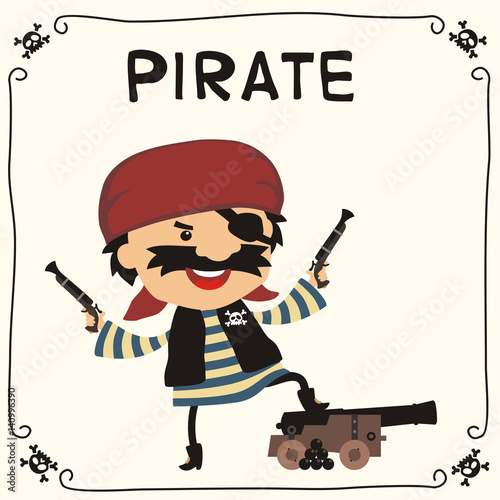 Angry pirate with gun in cartoon style. Isolated pirate in red bandana with bandage on eye.