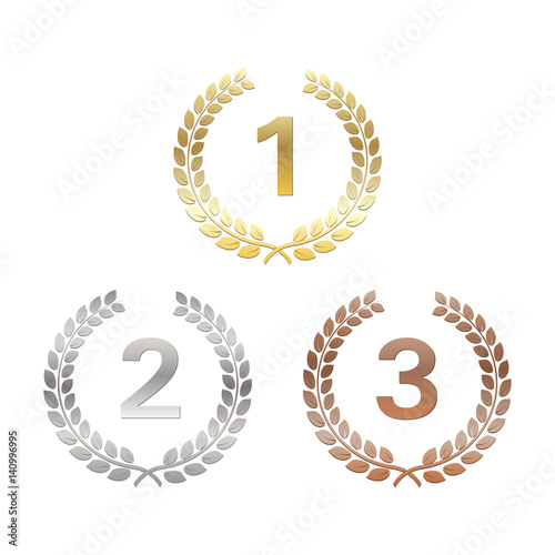 Golden, silver and bronze Laurel Wreaths. Awards for winners. Honoring champions. Signs for 1st, 2nd and 3rd places. Trophy for challenge. Vector illustration for posters, flyers, decoration.