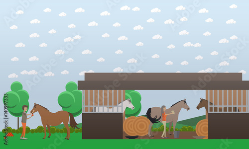 Vector flat illustration of stable and people grooming horses