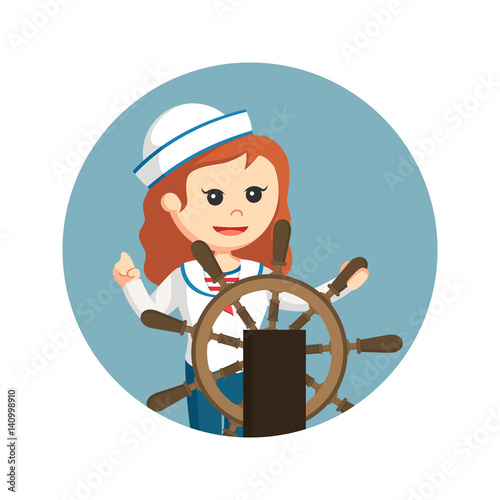 female sailor with ship steering wheel in circle background photo