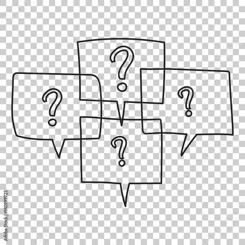 Question marks in thought bubbles. Hand drawn line art cartoon vector illustration on isolated background.