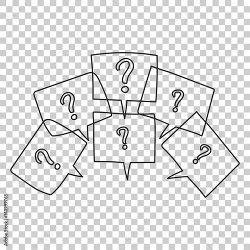 Question marks in thought bubbles. Hand drawn line art cartoon vector illustration on isolated background.