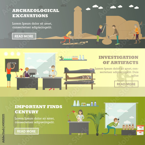 Vector set of archaeological horizontal banners in flat style