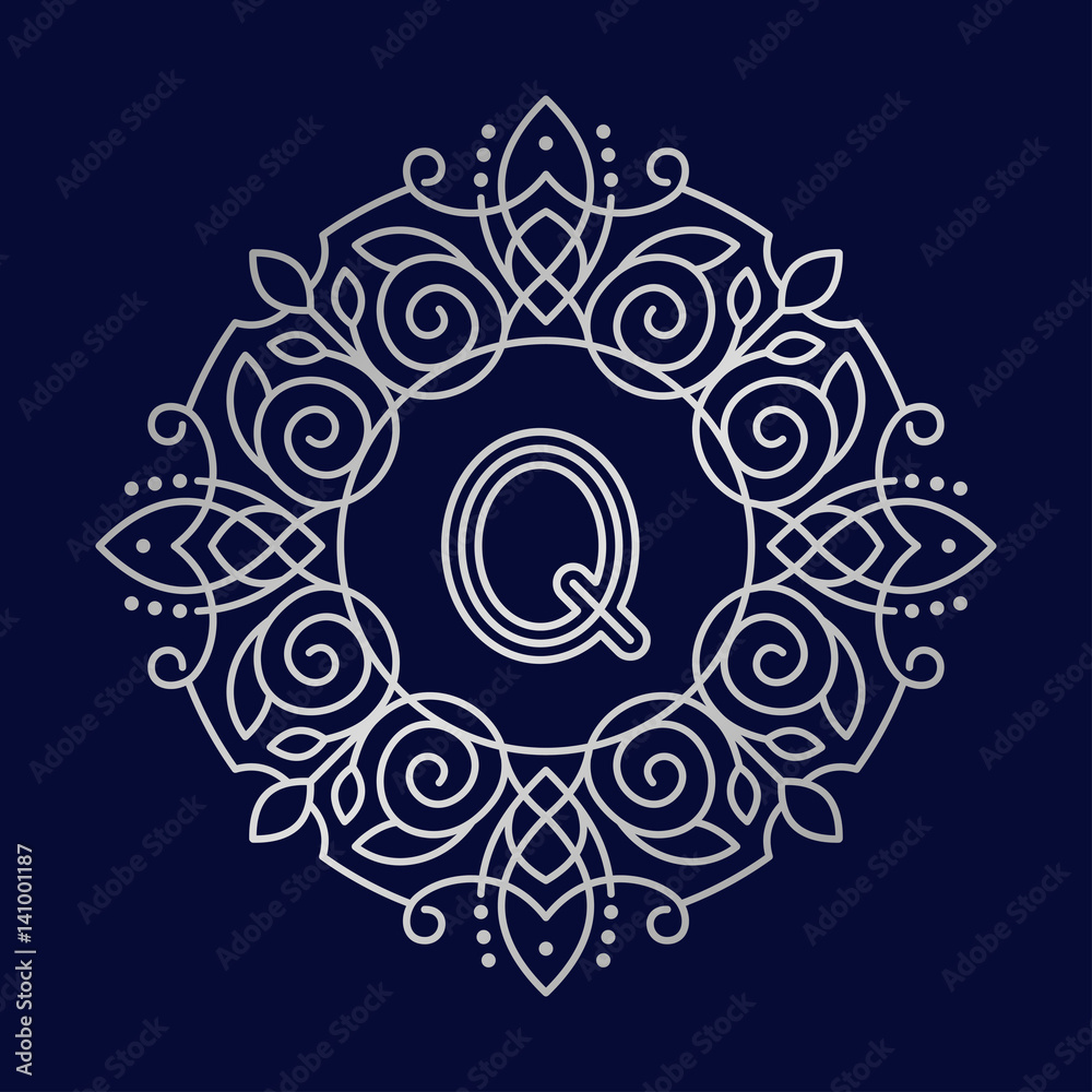 Monogram Q bage logo vector illustration text letter nature leaf badge emblem line set collection sign ornament element vintage frame elegant ornament