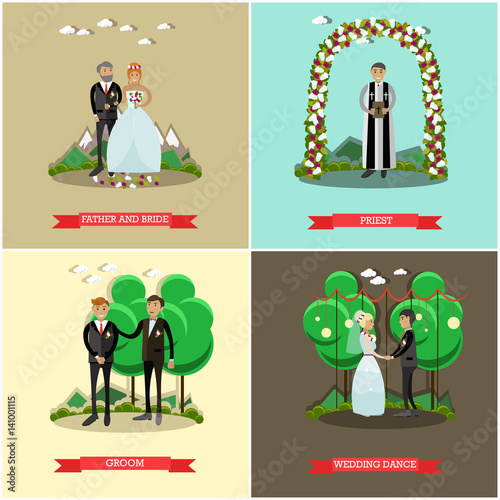 Vector set of wedding ceremony posters in flat style