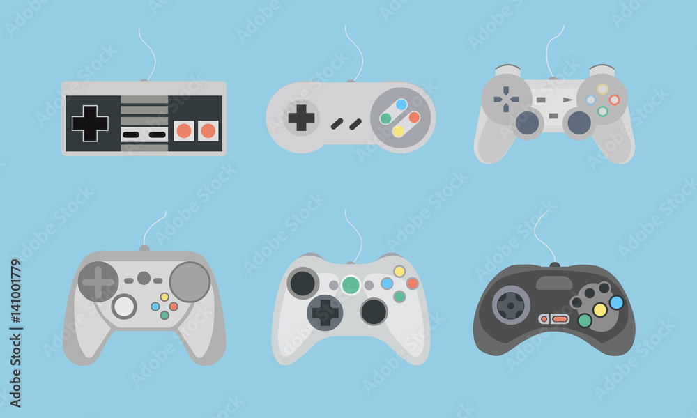 Set of retro gamepads and joysticks icons on blue background. Control console for video game. Vector illustration