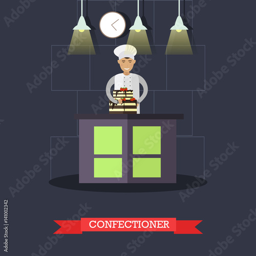 Vector flat illustration of confectioner and cake with two tiers