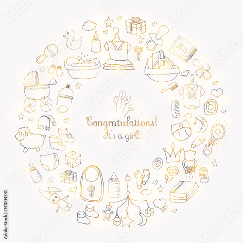Set of hand drawn cute baby shower icons. Kids care elements. Vector illustration. it's a baby girl design symbols. Children clothing, toy, bib, nappy, carriage, socks, bottle, foot print, dress, bath