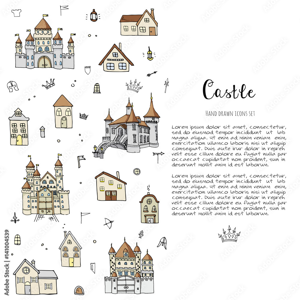 Hand drawn doodle Castle icon set Vector illustration cartoon fairy tale buildings, houses, homes, cottages sketch with set of fairytale, game icons - crossbow, arrow, knight helmet, flag,  crown