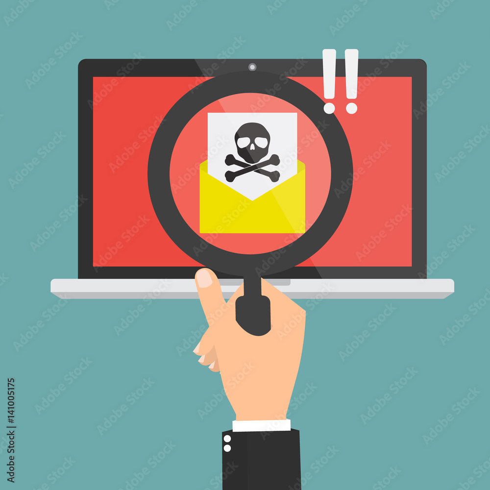 Human hand with magnifying glass found spam email with skull and cross bones computer virus on laptop computer. Vector illustration cybercrime concept design.