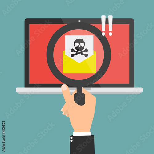 Human hand with magnifying glass found spam email with skull and cross bones computer virus on laptop computer. Vector illustration cybercrime concept design.