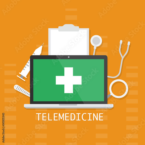 Computer laptop with white cross medical sign icon concept of telemedicine and telehealth technology on orange background. Vector illustration cloud internet of things technology trend concept.