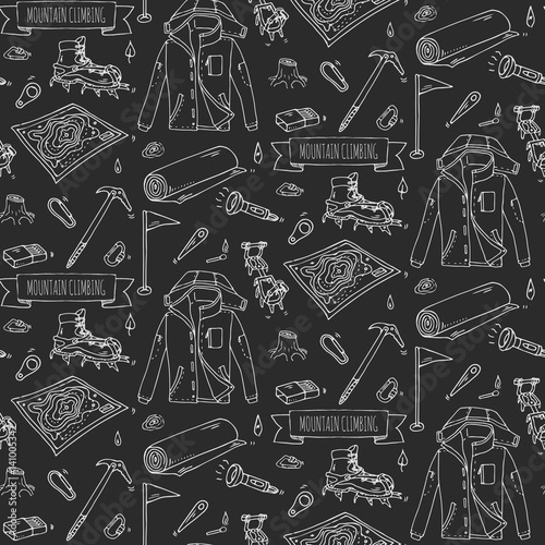 Seamless pattern hand drawn doodle Mountain Climbing icons set. Vector illustration. Mountaineering equipment collection. Cartoon sketch elements for trekking, hiking, tourism, expedition, camping.