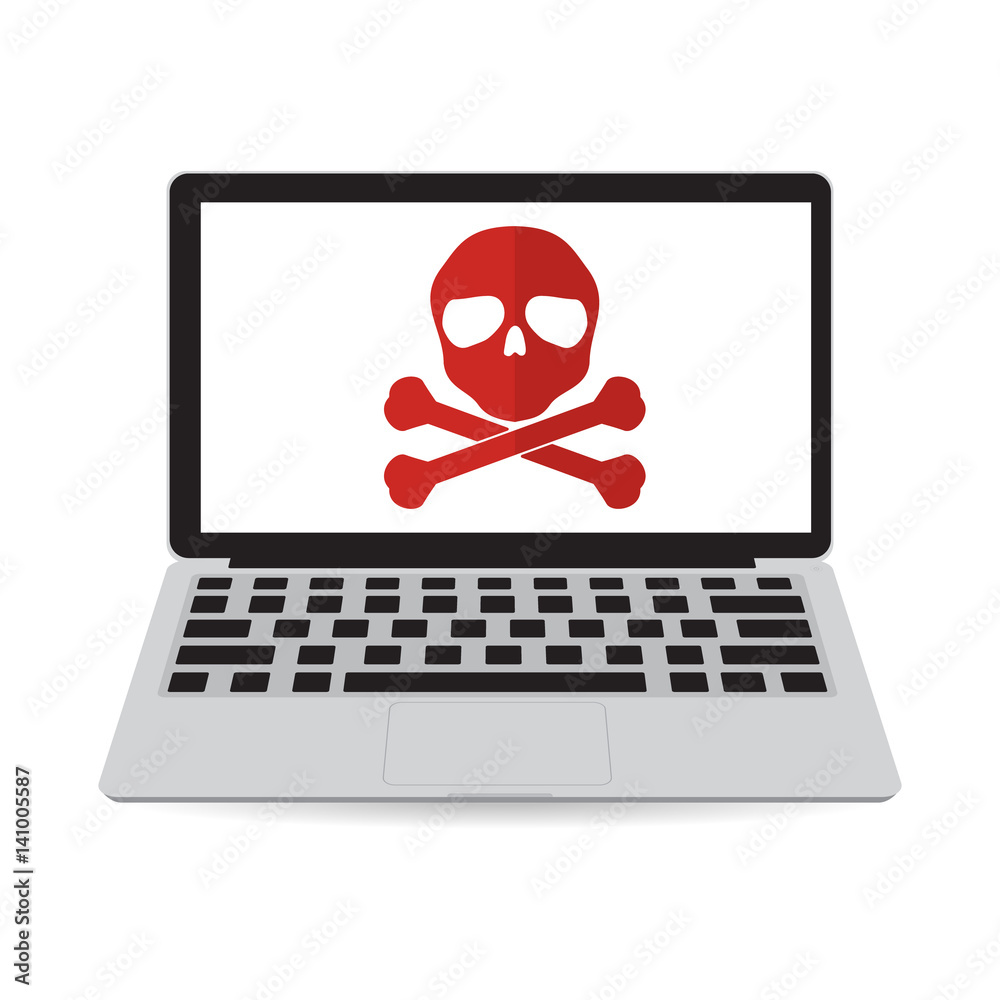 Skull cross bones logo on laptop screen . Concept of cybercrime network security or computer virus. Skull cross bones logo on laptop screen . Concept of cybercrime network security or computer virus.