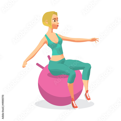 Blonde woman is engaged on a gymnastic ball in the gym. Sporty g