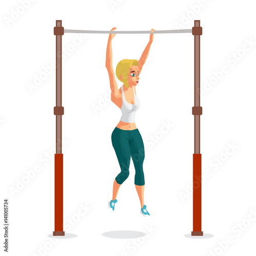 Young woman blonde in sports clothes hanging on a horizontal bar