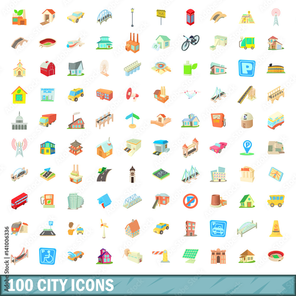 100 city icons set, cartoon style