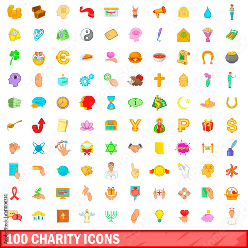 100 charity icons set  cartoon style