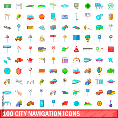 100 city icons set, cartoon style