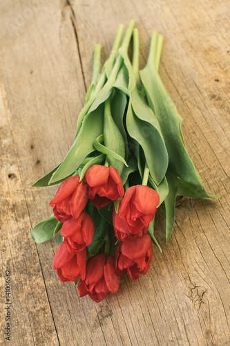 Red tulip flowers on wooden background