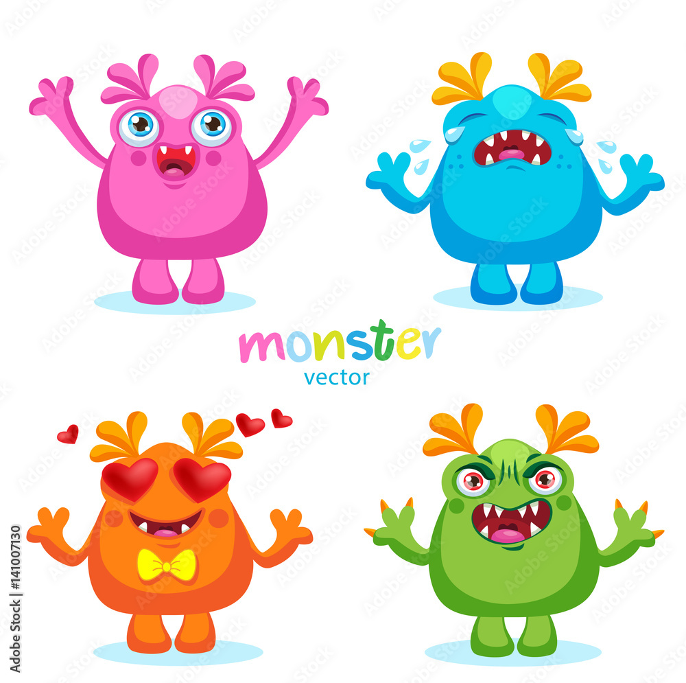 Obraz premium Cute Cartoon Colorful Monsters Emotions, Happy, Angry, Crying And Love. Vector Set Isolated On White Background.