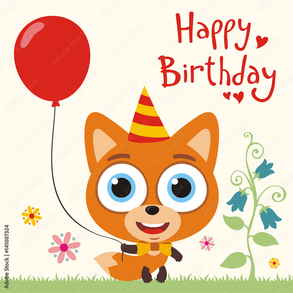 Happy birthday to you! Funny fox with red balloon. Birthday card with