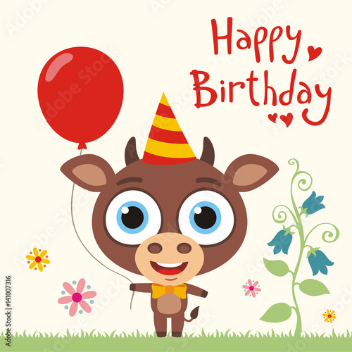 Happy birthday to you! Funny cow calf with red balloon. Birthday card with cow calf in cartoon style.