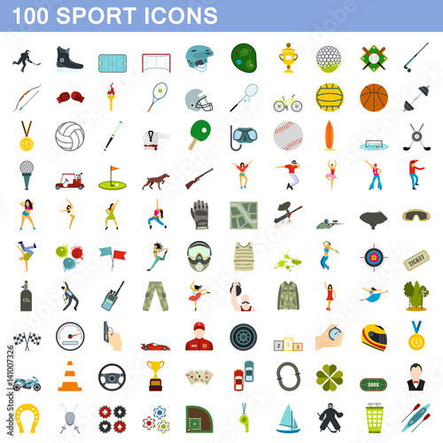 100 sport icons set, flat style