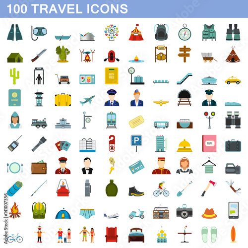 100 travel icons set, flat style