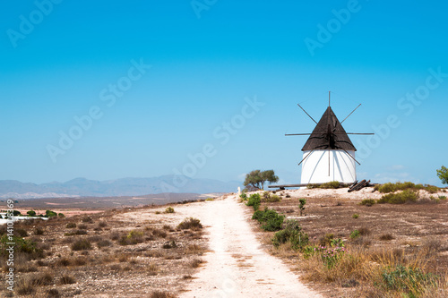Old white windmill on a southern spanish field