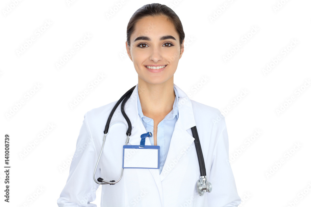 Cheerful smiling female doctor isolated over white background. Latin american or Hispanic young woman Cheerful smiling female doctor isolated over white background. Latin american or Hispanic young woman