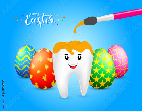 Cute cartoon tooth with paintbrush. Happy Easter concept. Illustration on blue background.