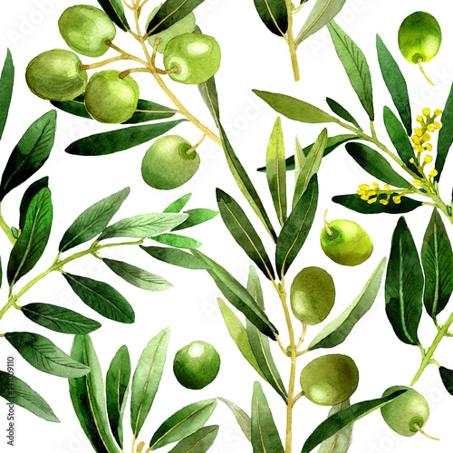 Olive tree pattern in a watercolor style isolated.