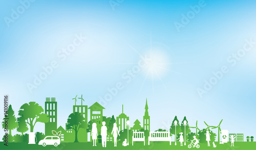 Green eco city and life paper art style, urban landscape and industrial factory buildings concept.vector illustration