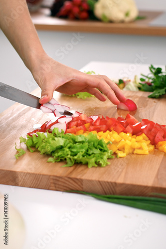 Close up of woman's hands cooking in the kitchen. Housewife slicing ​​white bread. Vegetarian and healthily cooking concept