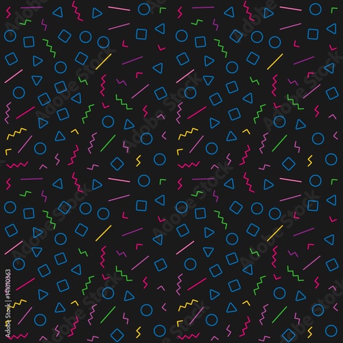 Geometric seamless pattern in Memphis style. Abstract hipster pattern with lines, squares, triangles and circles. Vector background Illustration