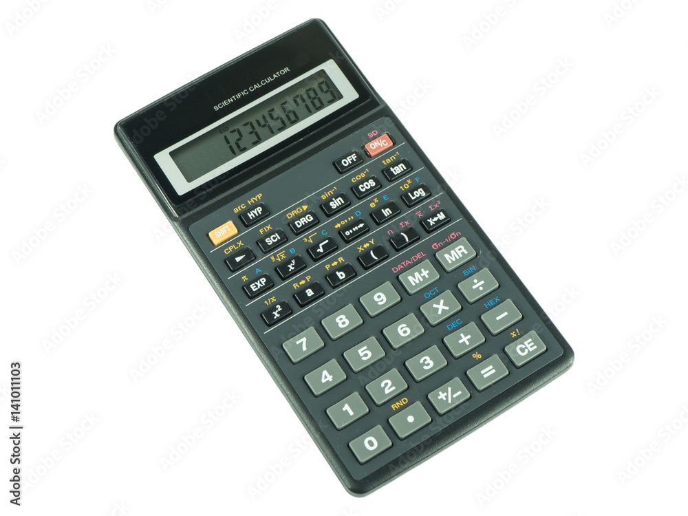 Switched on scientific calculator on white isolated background Switched on scientific calculator on white isolated background