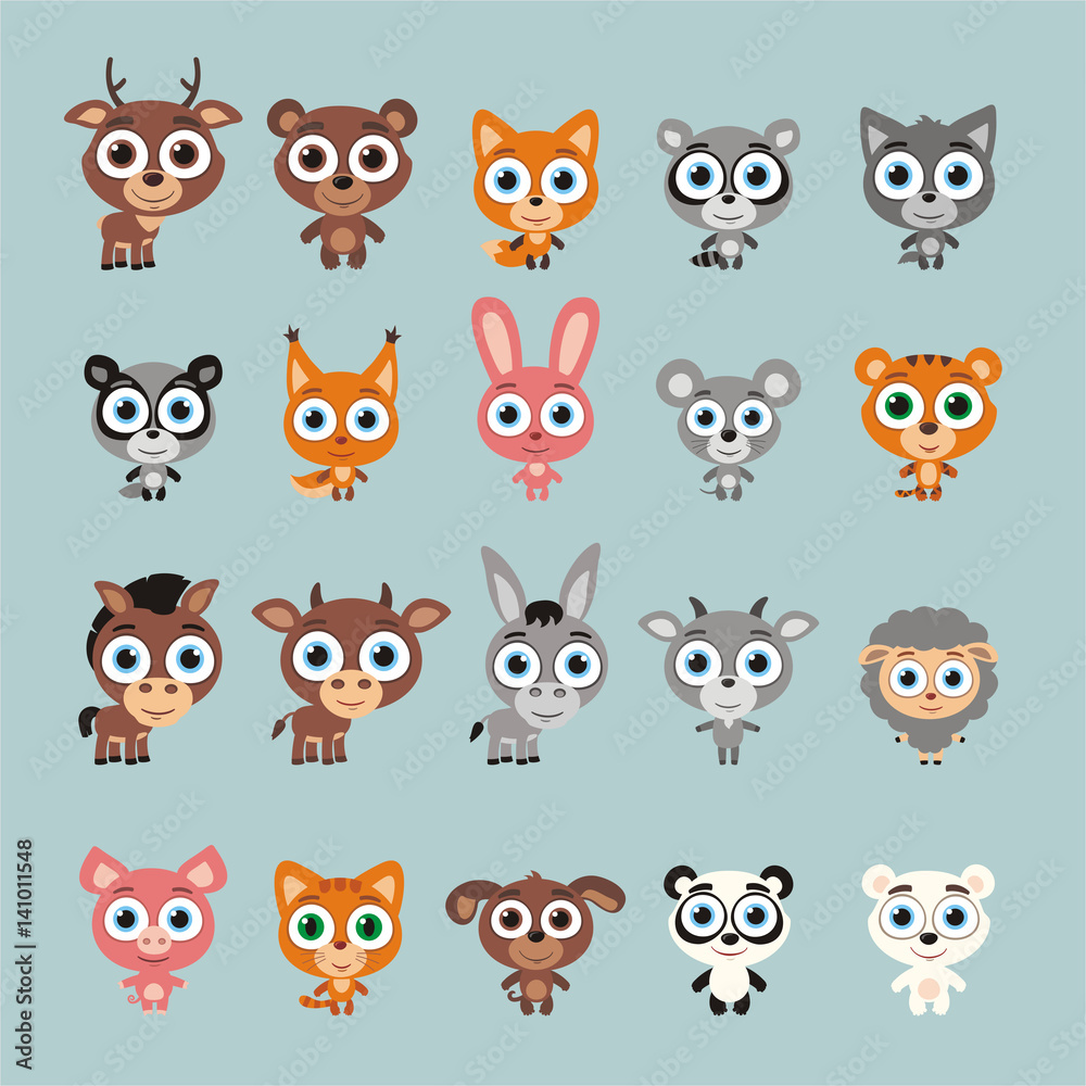 Big set funny animals with big eyes. Vector collection isolated animals in cartoon style.