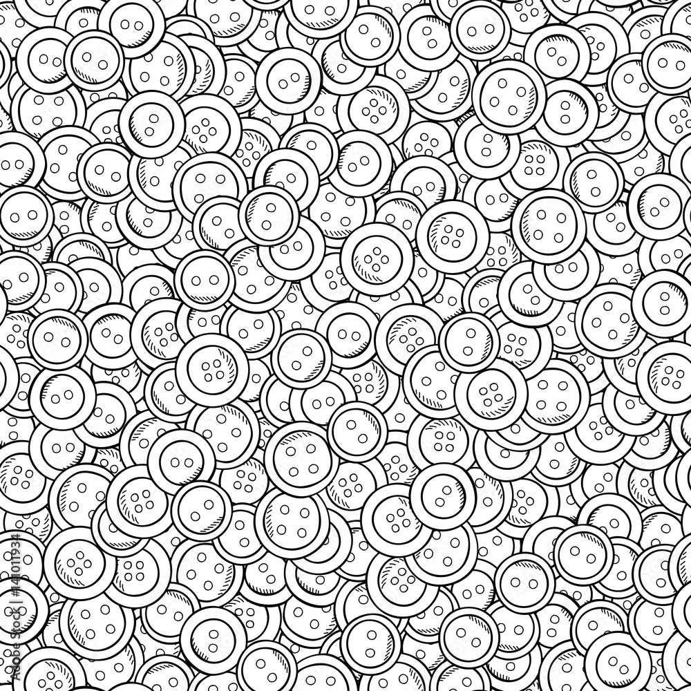Seamless handrawn button background. Contour drawing. Clothes buttons backdrop. Vector packaging design. Print for paper. Black and white illustration