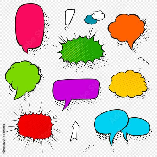 Set of comic speech bubbles and elements with halftone shadows. Cartoon style. Vector illustration in bright colors