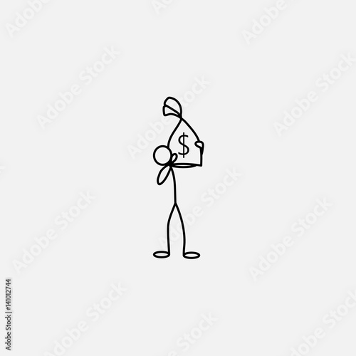 Cartoon icon of sketch business man stick figure with money