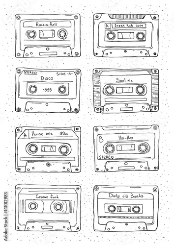 Set of plastic cassette, audio tape with different music. Hand drawn retro illustration.