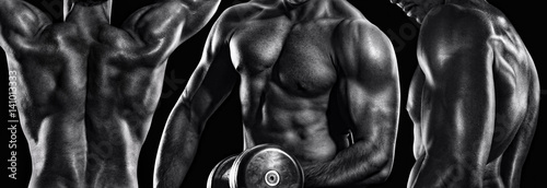 Sport and fitness. Strong bodybuilder athletic man pumping up muscles workout. Perfect muscular body isolated on black.
