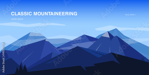 Horizontal background with mountains. Mountaineering colorful illustration, concept with place for text. Banner in cartoon, flat style.