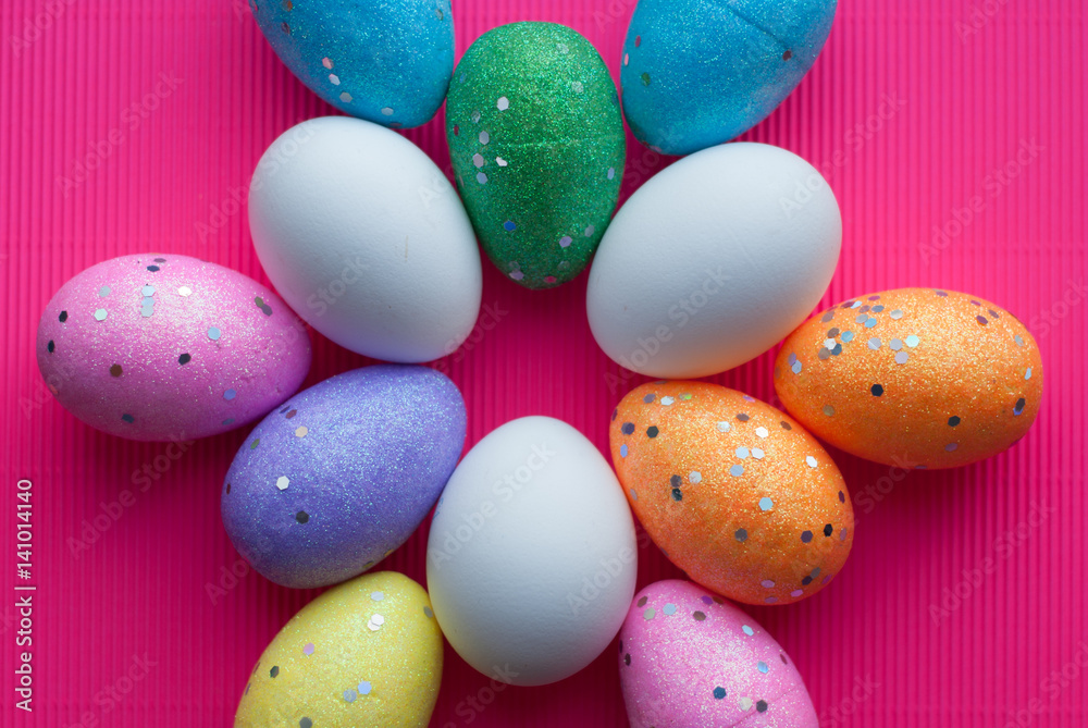 Decorative eggs on pink background, Decorative eggs on pink background,